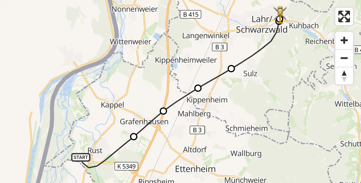 Flugroute Rettungshubschrauber Rust - Ortenau Hospital Lahr-Ettenheim, 01 August 2026, 11:24