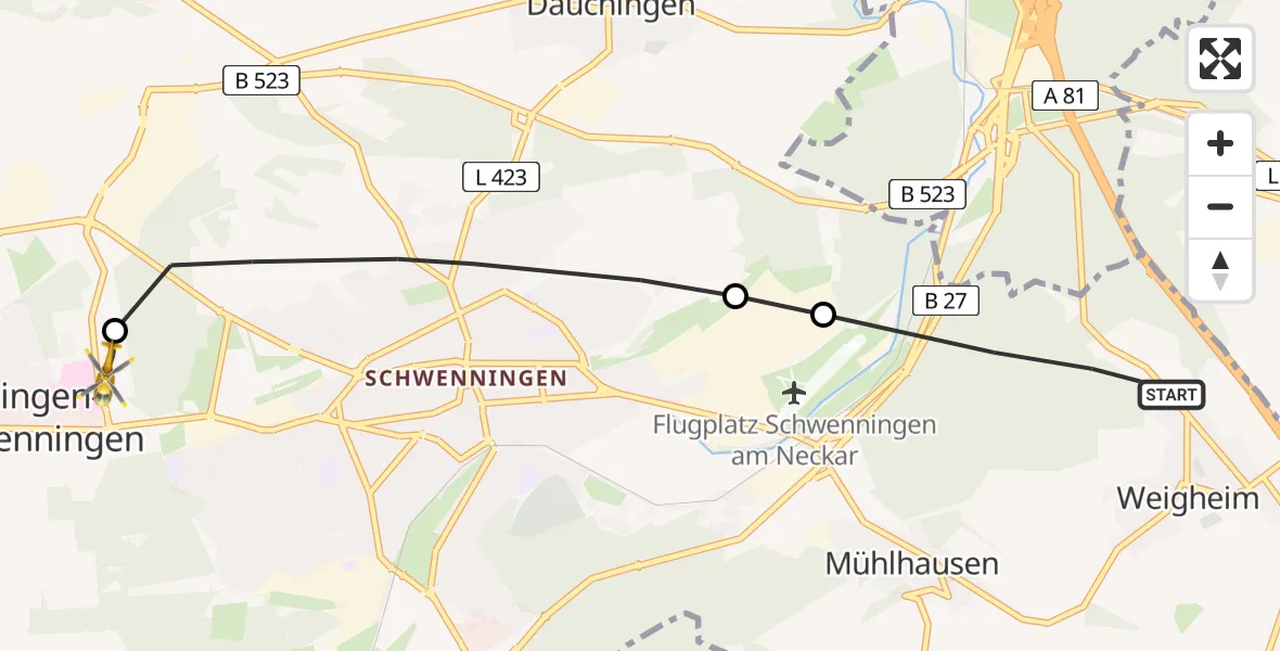 Flugroute Ambulanzhubschrauber Villingen-Schwenningen - DRF Air Rescue Station Villingen-Schwenningen Hubschrauberlandeplatz (Christoph 11), 01 August 2026, 11:28