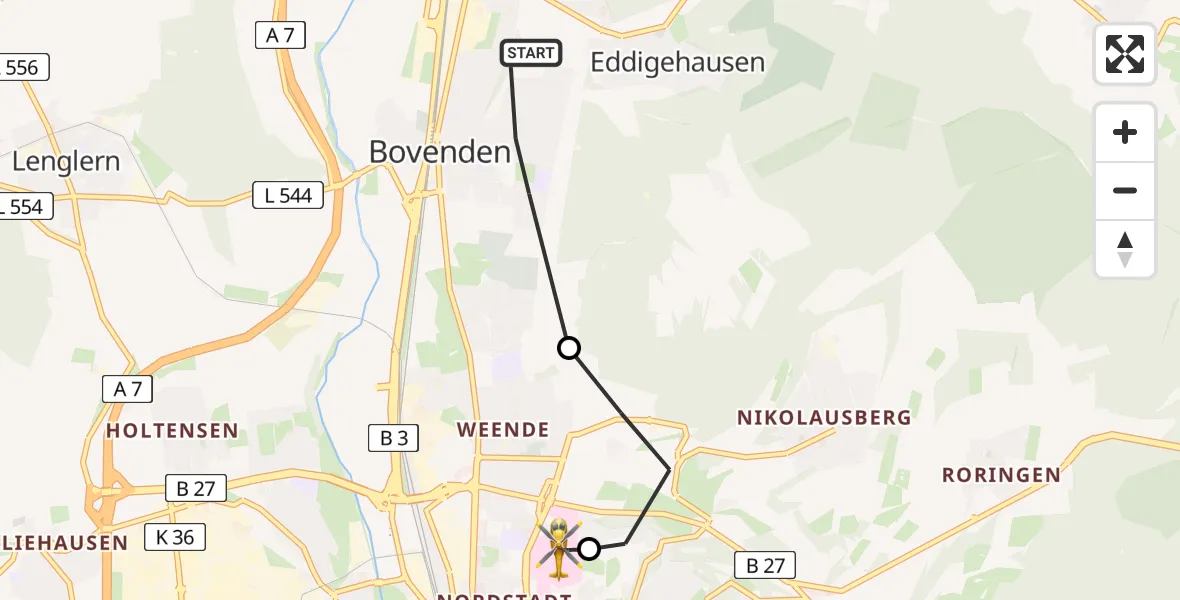 Flugroute Rettungshubschrauber Bovenden - Göttingen University Clinic Hubschrauberlandeplatz, 01 August 2026, 11:35