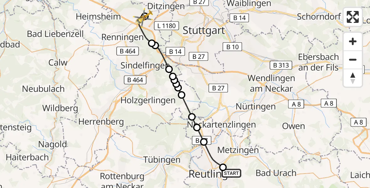 Flugroute Rettungshubschrauber Eningen unter Achalm - Leonberg Hospital, 01 August 2026, 11:39