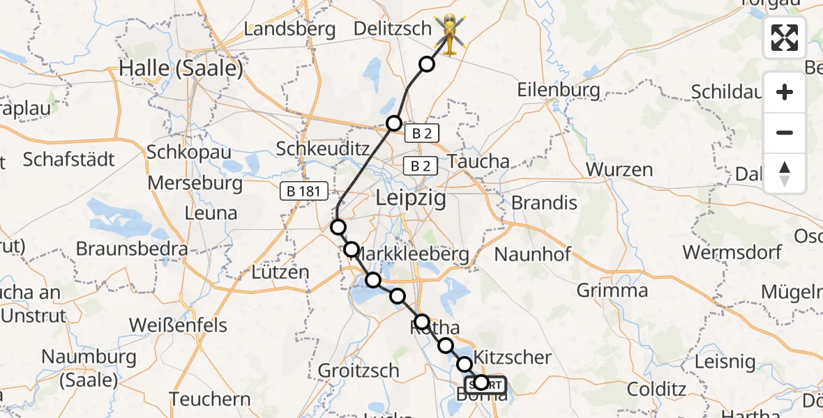 Flugroute Rettungshubschrauber Sana Hospital Borna - Schönwölkau, 01 August 2026, 11:39