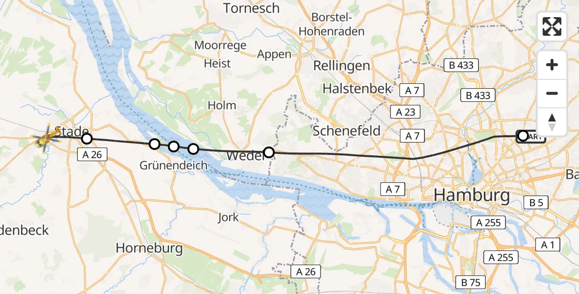 Flugroute Rettungshubschrauber Hamburg Military Hospital - Stade, 01 August 2026, 11:52