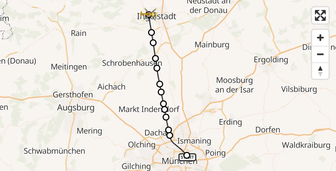 Flugroute Rettungshubschrauber München Bogenhausen Hospital - Ingolstadt Hospital, 01 August 2026, 11:52