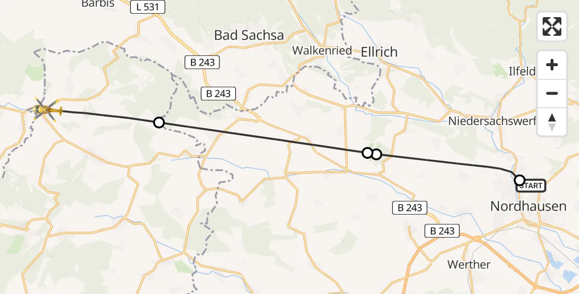 Flugroute Rettungshubschrauber Südharz Hospital Nordhausen - Sonnenstein, 01 August 2026, 12:06