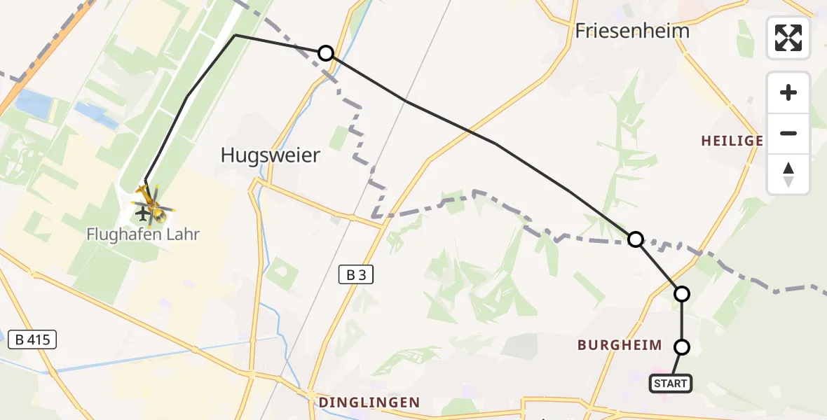 Flugroute Rettungshubschrauber Ortenau Hospital Lahr-Ettenheim - Lahr Flughafen, 01 August 2026, 12:06