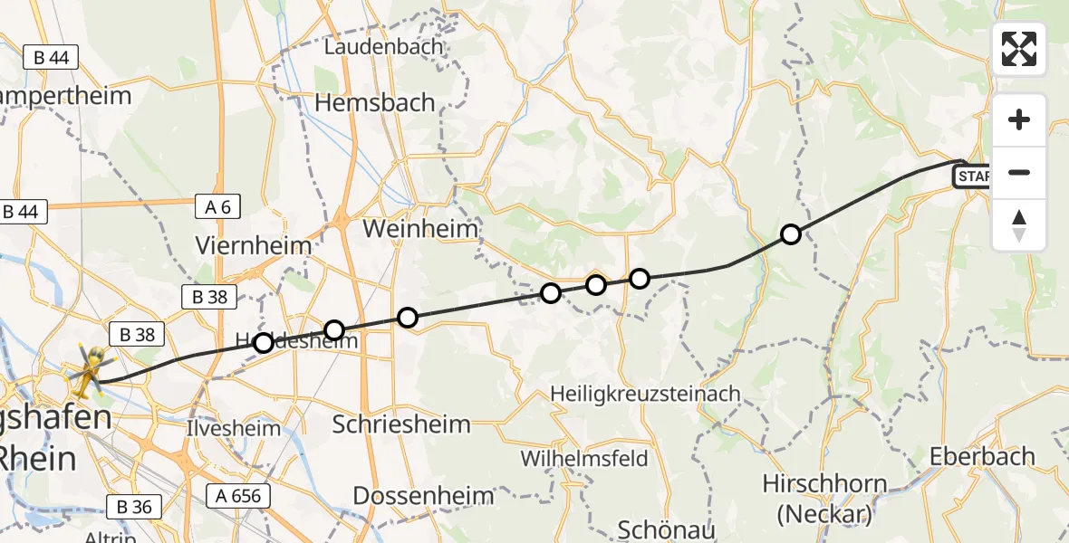 Flugroute Rettungshubschrauber Oberzent - Mannheim, 01 August 2026, 12:08