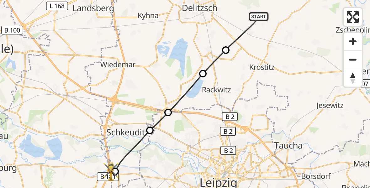 Flugroute Rettungshubschrauber Schönwölkau - ADAC Air Rescue Station Leipzig/Schkeuditz-Dölzig Hubschrauberlandeplatz (Christoph 61), 01 August 2026, 12:21