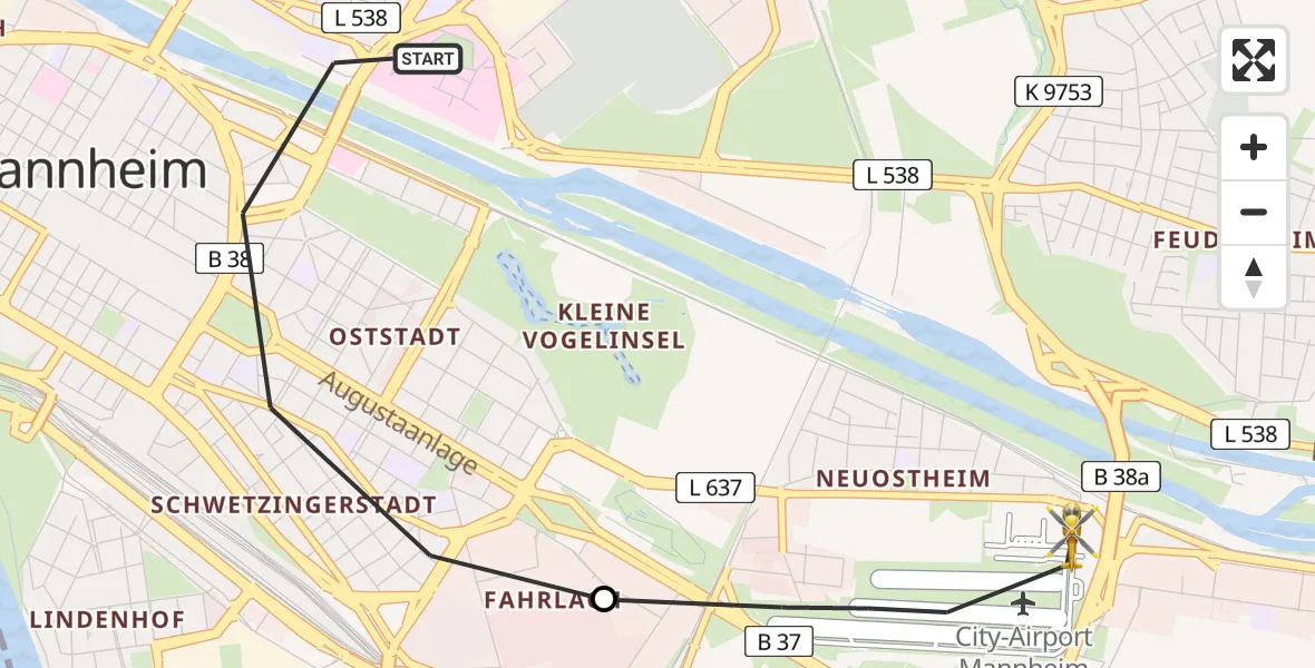 Flugroute Rettungshubschrauber Mannheim - Mannheim-City Flughafen, 01 August 2026, 12:44
