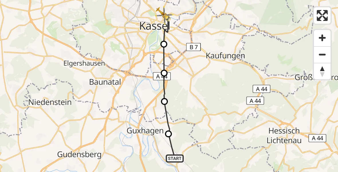 Flugroute Rettungshubschrauber Körle - Kassel, 01 August 2026, 12:50