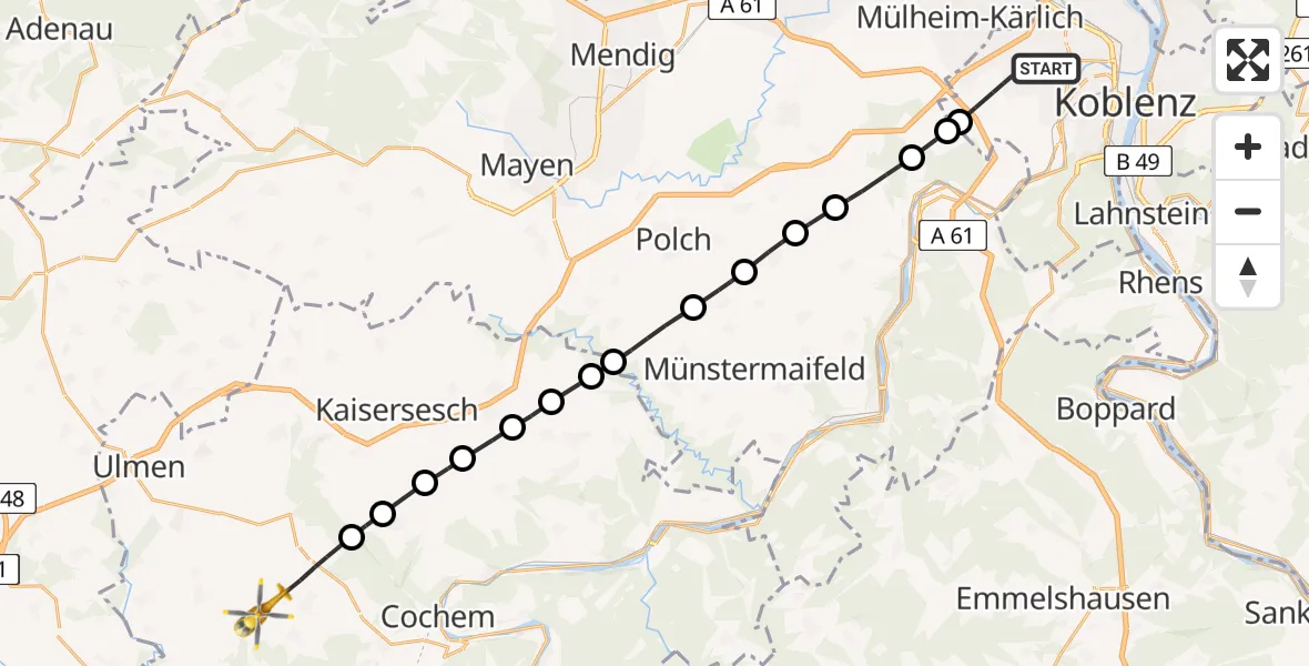 Flugroute Rettungshubschrauber Koblenz - Gevenich, 01 August 2026, 12:51