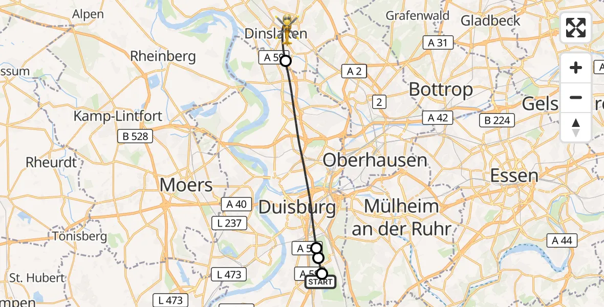 Flugroute Rettungshubschrauber Duisburg Air Rescue Hubschrauberlandeplatz (Christoph 9) - Dinslaken, 01 August 2026, 13:08