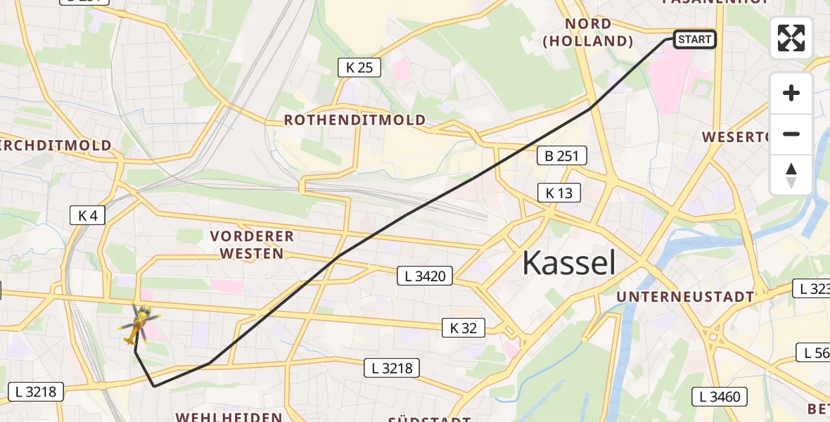 Flugroute Rettungshubschrauber Kassel - Kassel, 01 August 2026, 13:12