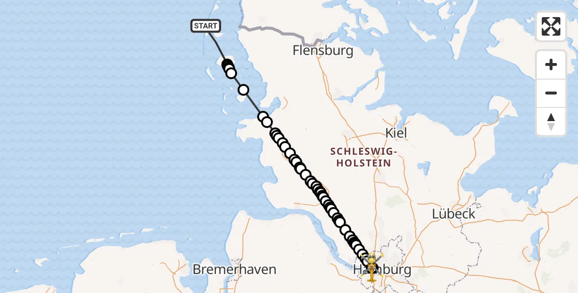 Flugroute Ambulanzhubschrauber Sylt - Asklepios Hospital Altona, 01 August 2026, 13:19