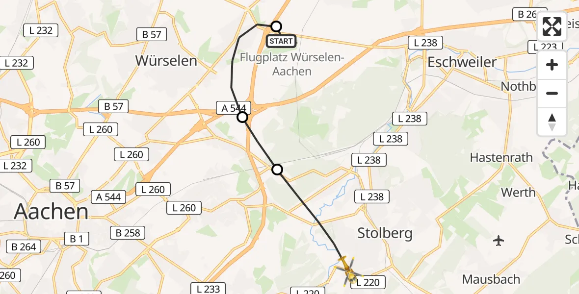 Flugroute Rettungshubschrauber Aachen-Merzbrück Flughafen - Stolberg (Rhld.), 01 August 2026, 13:20