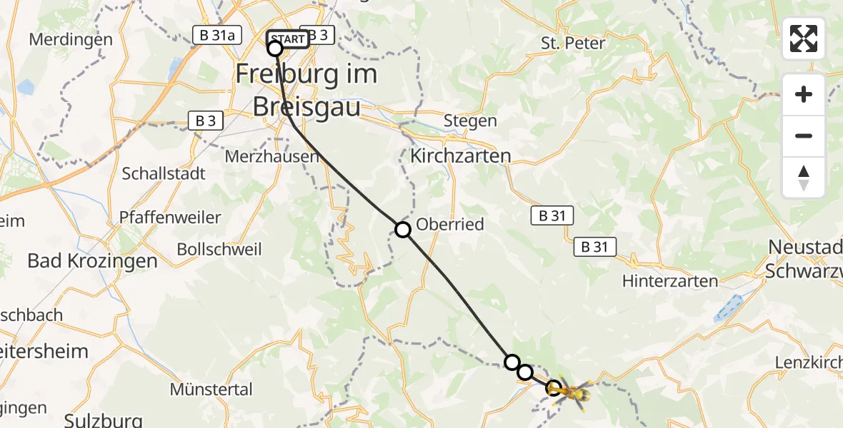 Flugroute Ambulanzhubschrauber Freiburg im Breisgau Flugplatz - Feldberg (Schwarzwald), 01 August 2026, 13:32