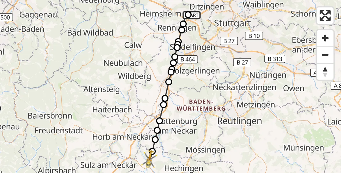 Flugroute Rettungshubschrauber Leonberg Hospital - Haigerloch, 01 August 2026, 13:37
