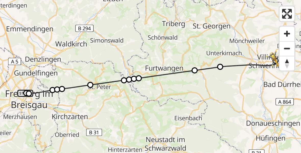 Flugroute Ambulanzhubschrauber Freiburg University Hospital Heliport 1 - DRF Air Rescue Station Villingen-Schwenningen Hubschrauberlandeplatz (Christoph 11), 01 August 2026, 13:40