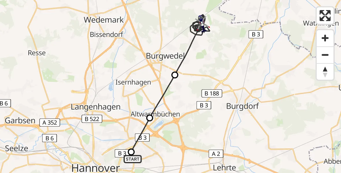 Flugroute Polizeihubschrauber Hannover Luftrettung Hubschrauberlandeplatz (Christoph 4) - Burgwedel, 01 August 2026, 13:48