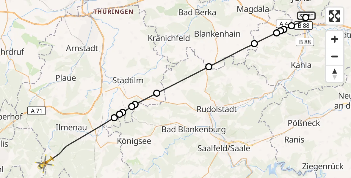 Flugroute Rettungshubschrauber Lobeda Hubschrauberlandeplatz - Ilmenau, 01 August 2026, 13:53