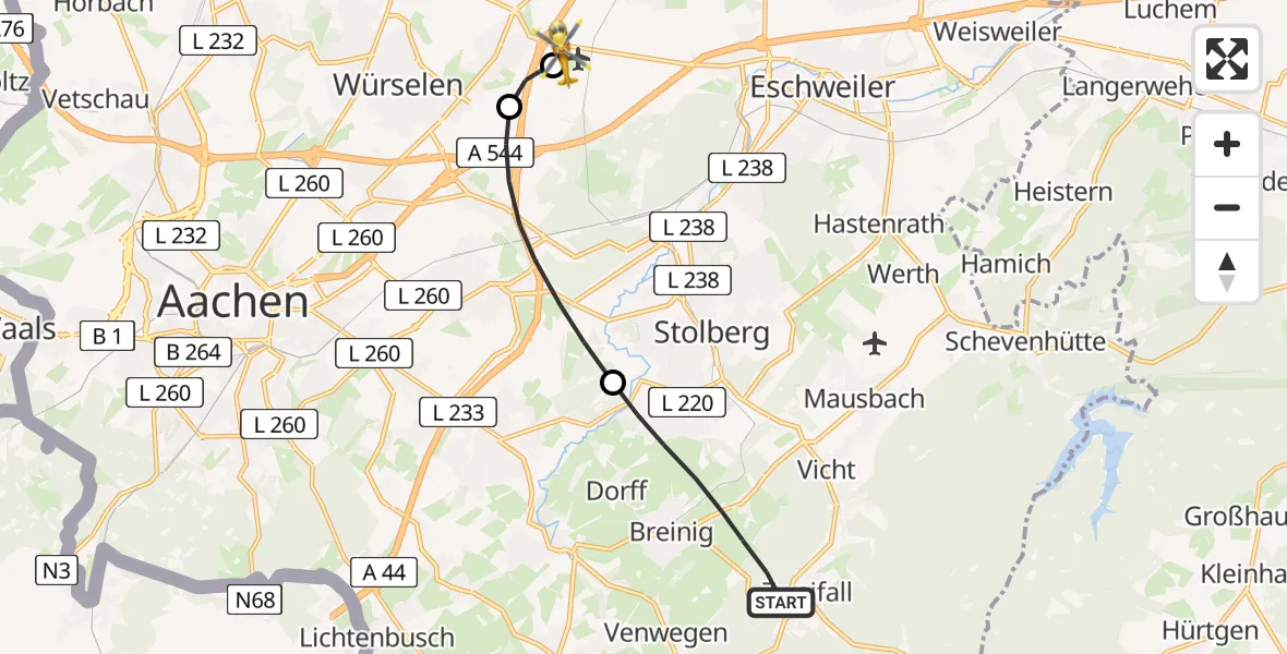 Flugroute Rettungshubschrauber Stolberg (Rhld.) - Aachen-Merzbrück Flughafen, 01 August 2026, 13:54