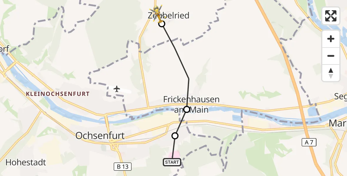 Flugroute Rettungshubschrauber Ochsenfurt Hospital - Ochsenfurt, 01 August 2026, 14:06