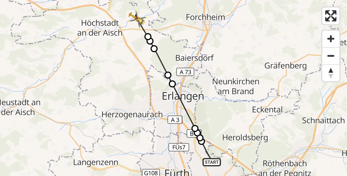 Flugroute Ambulanzhubschrauber Flughafen Nuremberg - Adelsdorf, 01 August 2026, 14:25