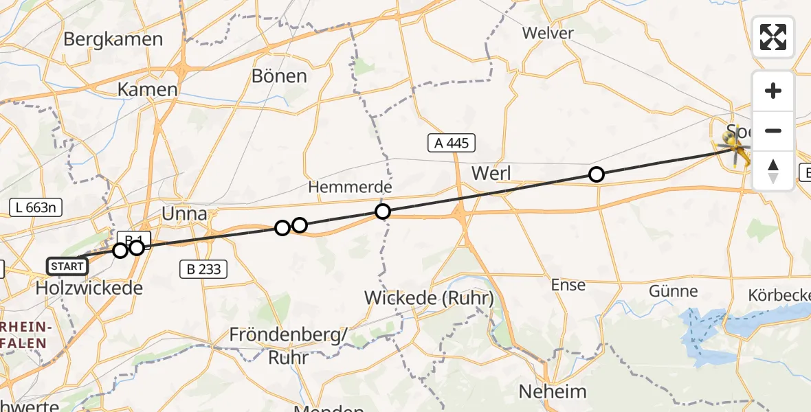 Flugroute Rettungshubschrauber Dortmund Flughafen - Soest, 01 August 2026, 14:25
