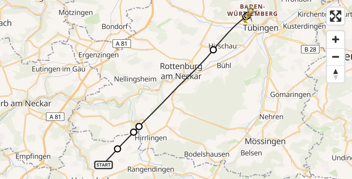 Flugroute Rettungshubschrauber Haigerloch - Tübingen Trauma Hospital, 01 August 2026, 14:26