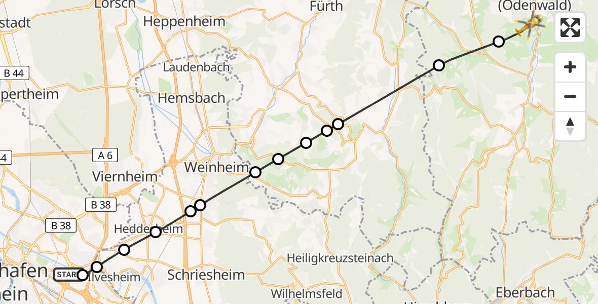 Flugroute Rettungshubschrauber Mannheim-City Flughafen - Erbach, 01 August 2026, 14:30