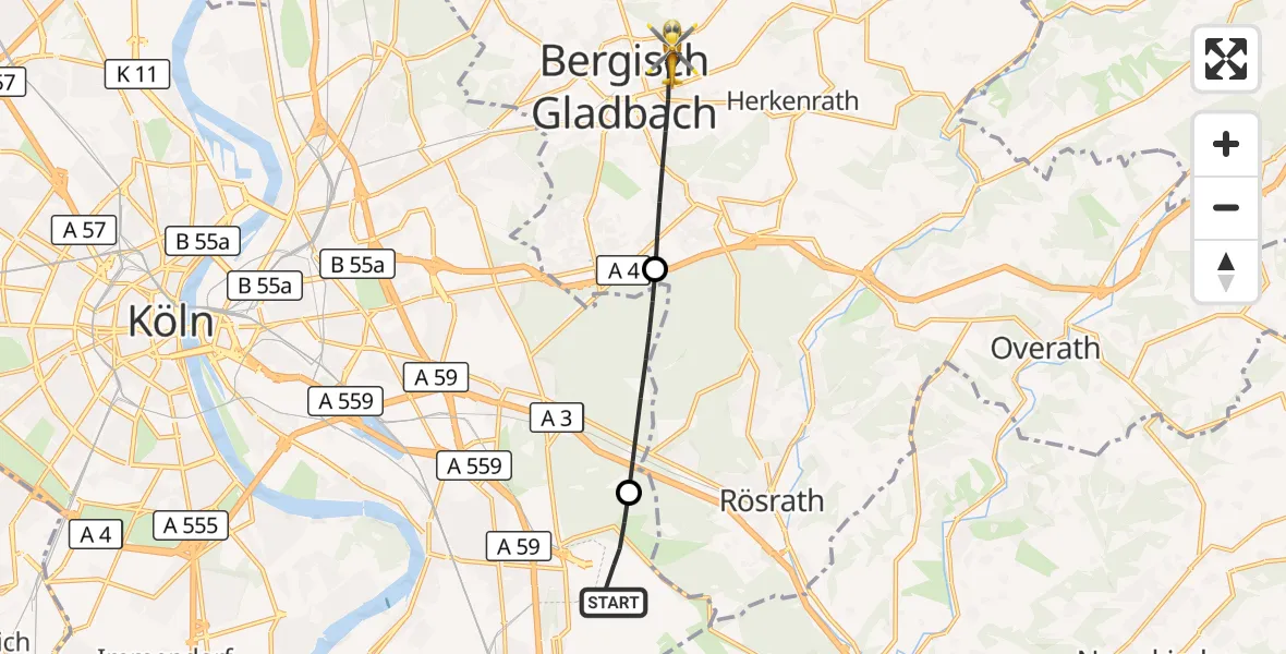 Flugroute Rettungshubschrauber Köln Bonn Flughafen - Bergisch Gladbach, 01 August 2026, 14:32