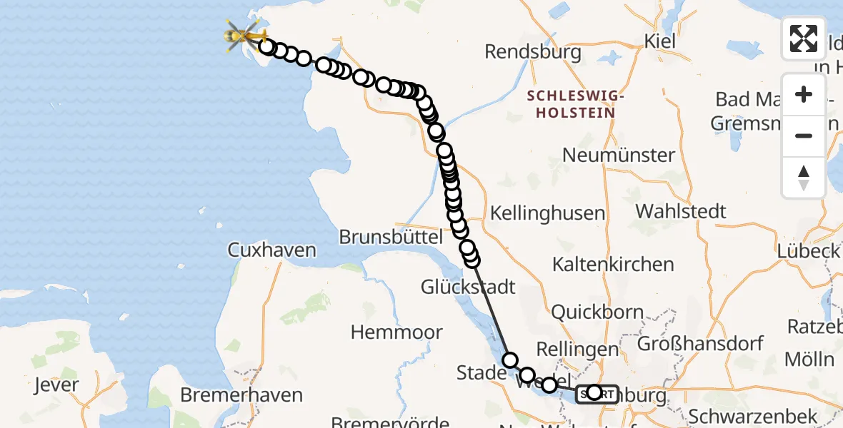 Flugroute Ambulanzhubschrauber Asklepios Hospital Altona - Sankt Peter-Ording, 01 August 2026, 14:34