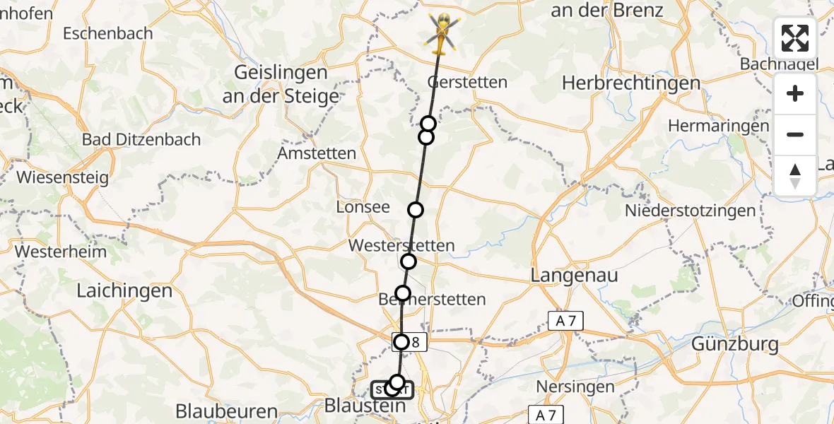 Flugroute Rettungshubschrauber Ulm Military Hospital Emergency - Steinheim am Albuch, 01 August 2026, 14:35