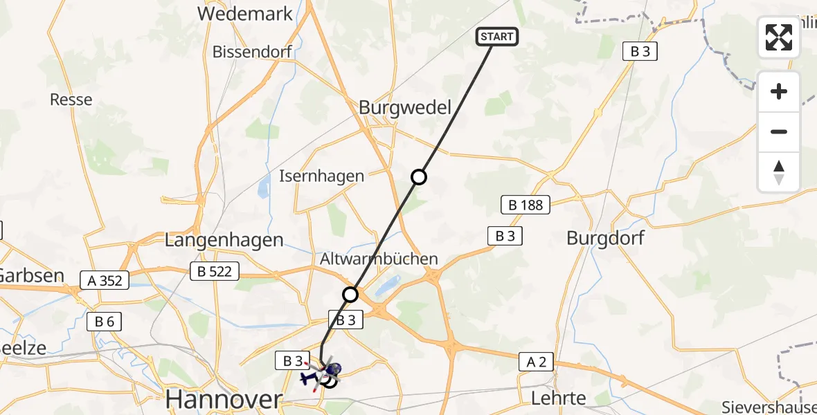 Flugroute Polizeihubschrauber Burgwedel - Hannover Luftrettung Hubschrauberlandeplatz (Christoph 4), 01 August 2026, 14:37