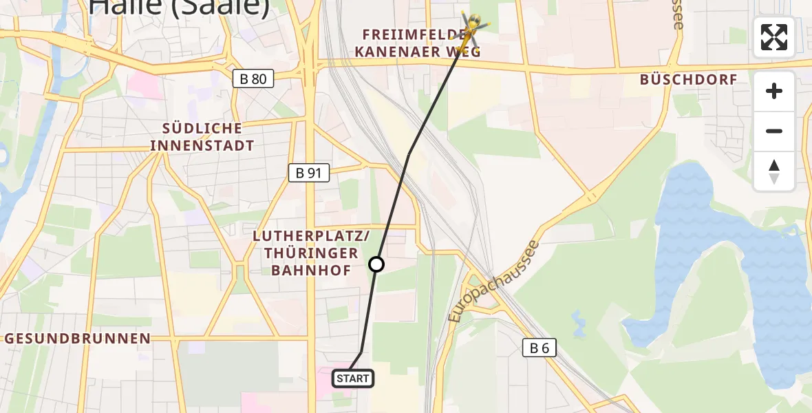 Flugroute Rettungshubschrauber BG Hospital Bergmannstrost Halle - Halle (Saale), 01 August 2026, 14:41