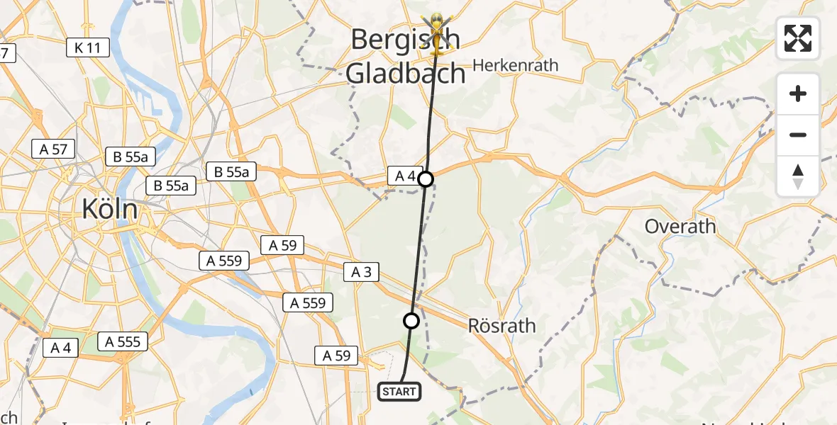 Flugroute Ambulanzhubschrauber Köln Bonn Flughafen - Bergisch Gladbach, 01 August 2026, 14:54
