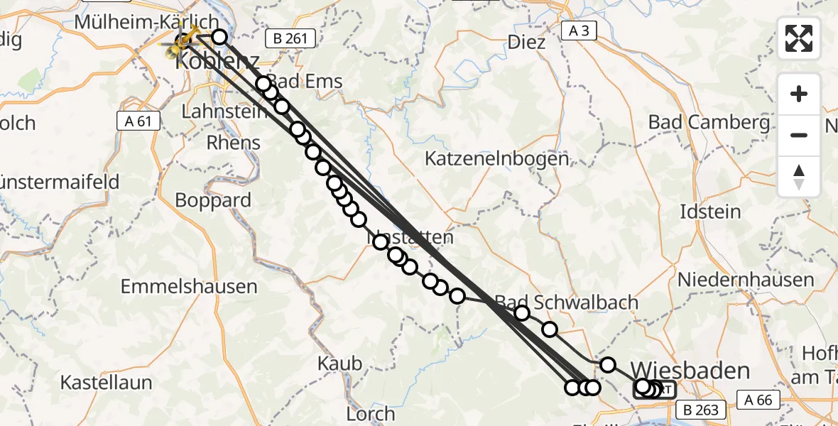 Flugroute Rettungshubschrauber Helios Horst Schmidt Clinic (HSK) - Koblenz, 01 August 2026, 14:56