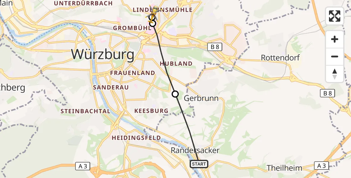 Flugroute Rettungshubschrauber Randersacker - Würzburg University Hospital Rooftop, 01 August 2026, 14:59