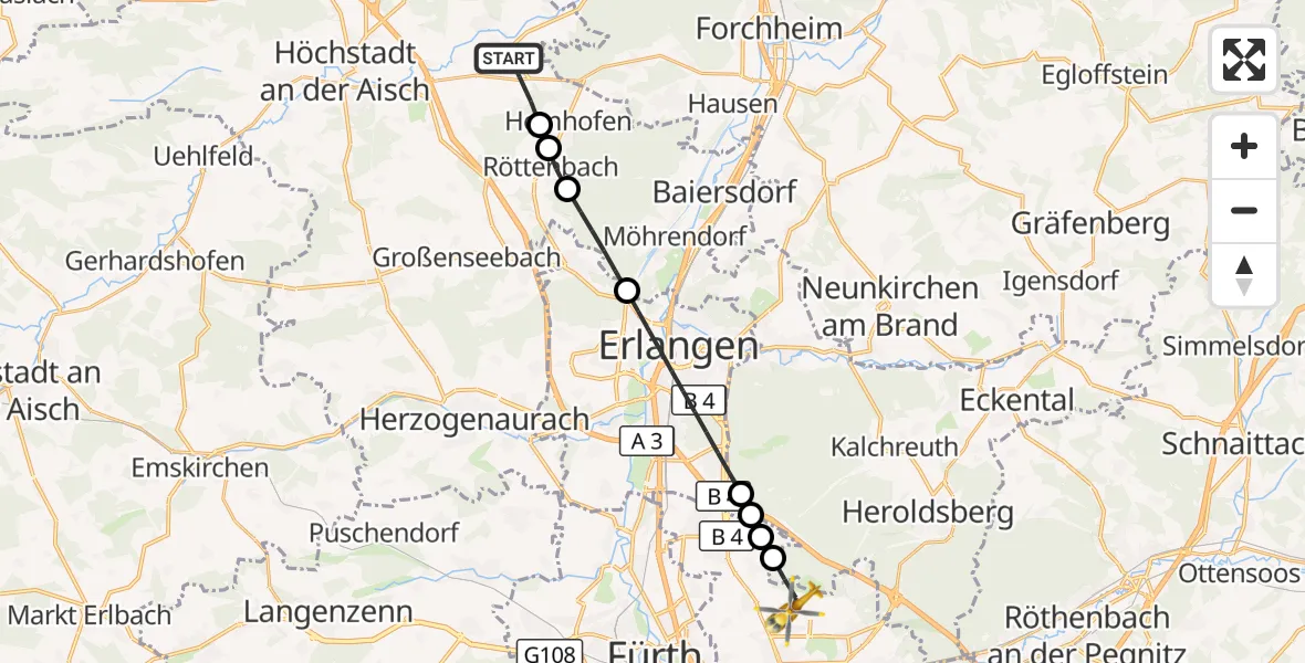 Flugroute Ambulanzhubschrauber Adelsdorf - Flughafen Nuremberg, 01 August 2026, 15:00