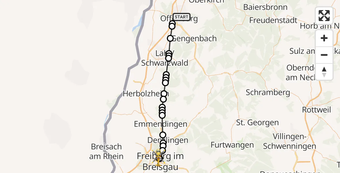 Flugroute Rettungshubschrauber Offenburg - Freiburg University Hospital Heliport 2, 01 August 2026, 15:01