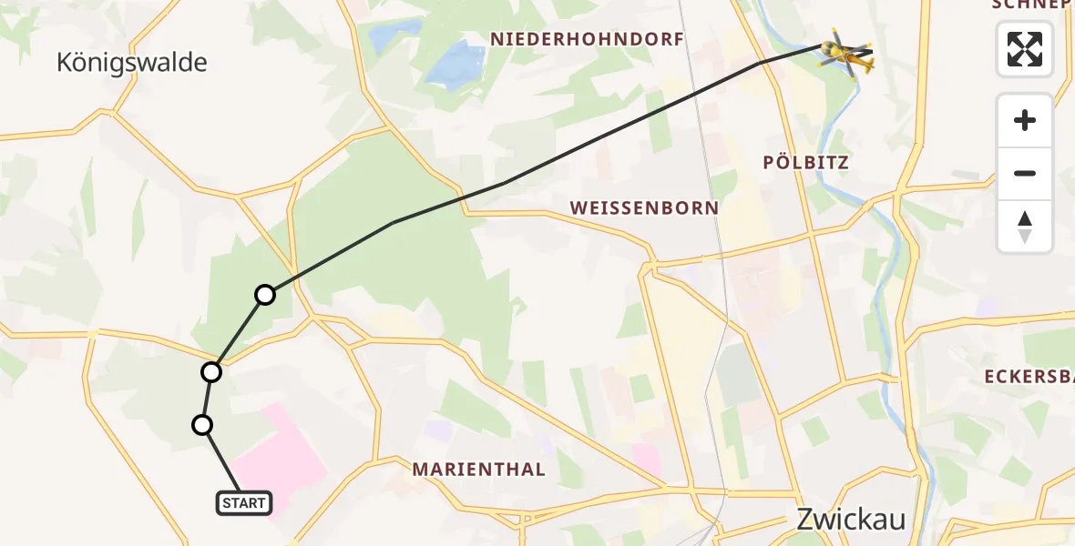 Flugroute Rettungshubschrauber ADAC Air Rescue Station Zwickau Hubschrauberlandeplatz - Zwickau, 01 August 2026, 15:06
