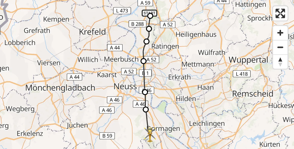 Flugroute Rettungshubschrauber Duisburg Air Rescue Hubschrauberlandeplatz (Christoph 9) - Dormagen, 01 August 2026, 15:11