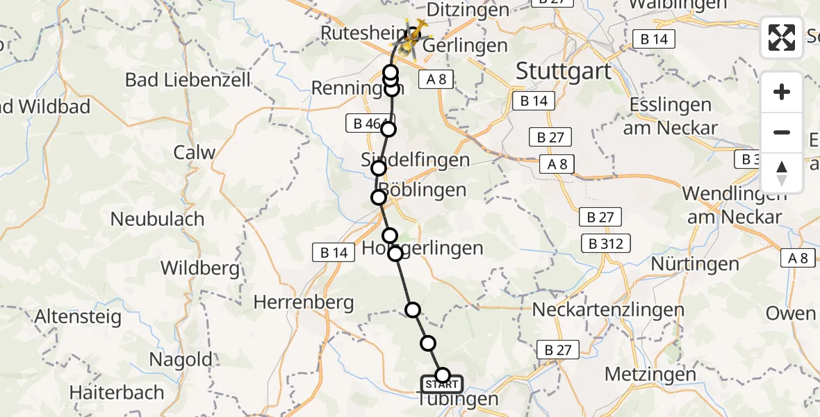 Flugroute Rettungshubschrauber Tübingen Trauma Hospital - Leonberg Hospital, 01 August 2026, 15:13