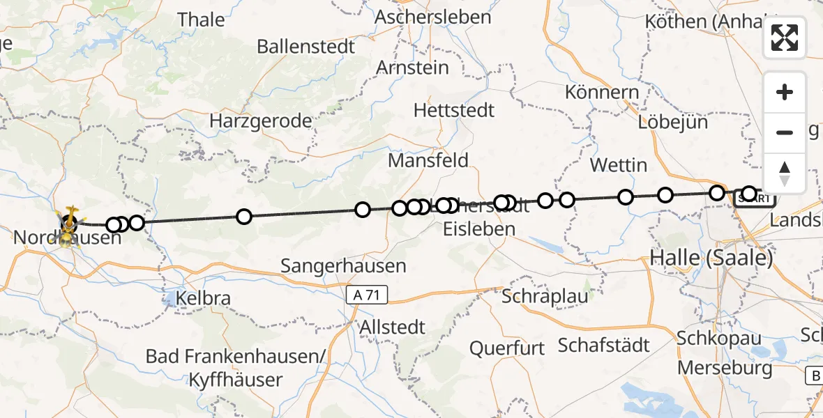 Flugroute Rettungshubschrauber Halle-Oppin Flugplatz - Südharz Hospital Nordhausen, 01 August 2026, 15:14