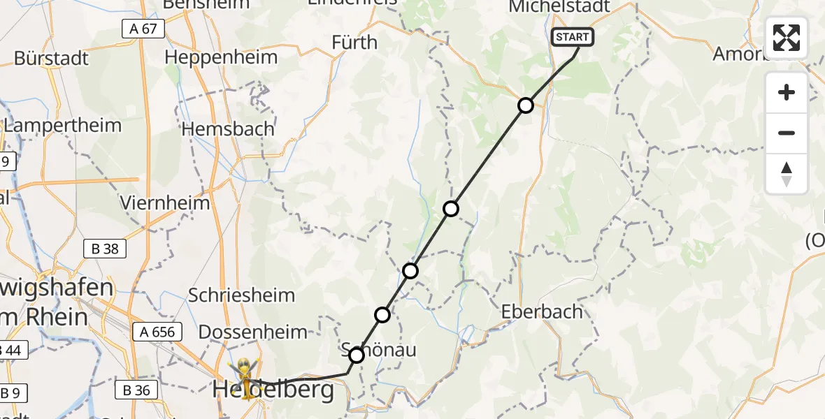 Flugroute Rettungshubschrauber Erbach - Heidelberg, 01 August 2026, 15:16