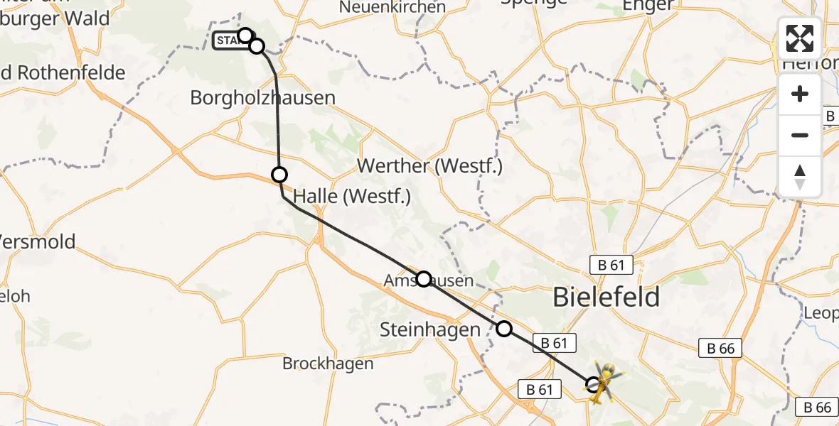 Flugroute Rettungshubschrauber Borgholzhausen - Luftrettungszentrum Bielefeld, 01 August 2026, 15:24