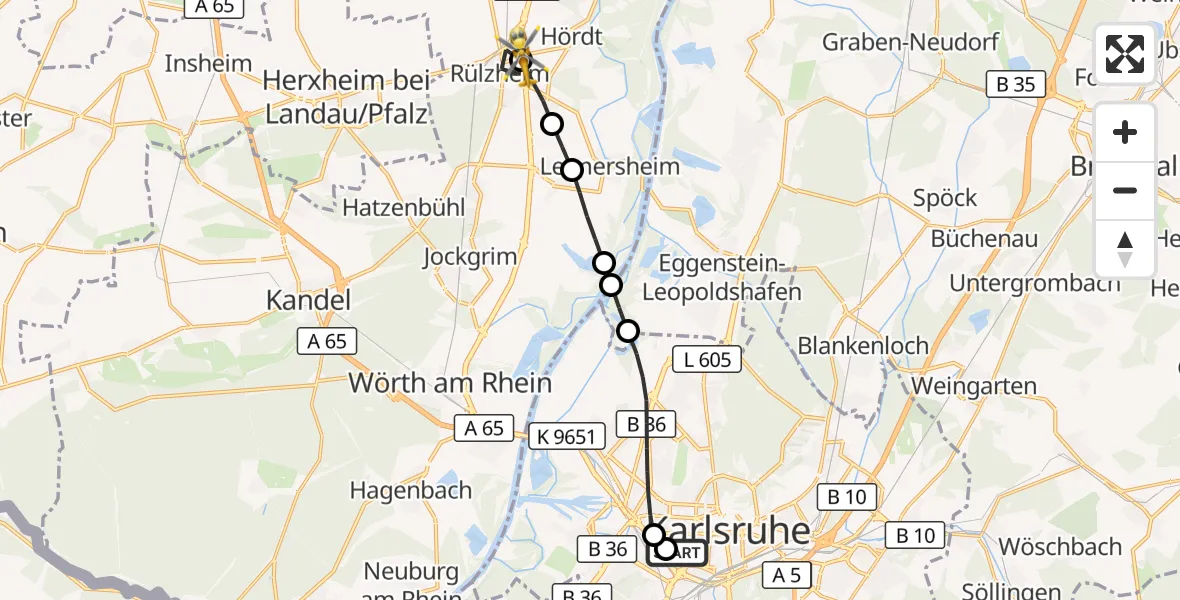 Flugroute Ambulanzhubschrauber Sankt Vincentius Hospital - Rülzheim, 01 August 2026, 15:34