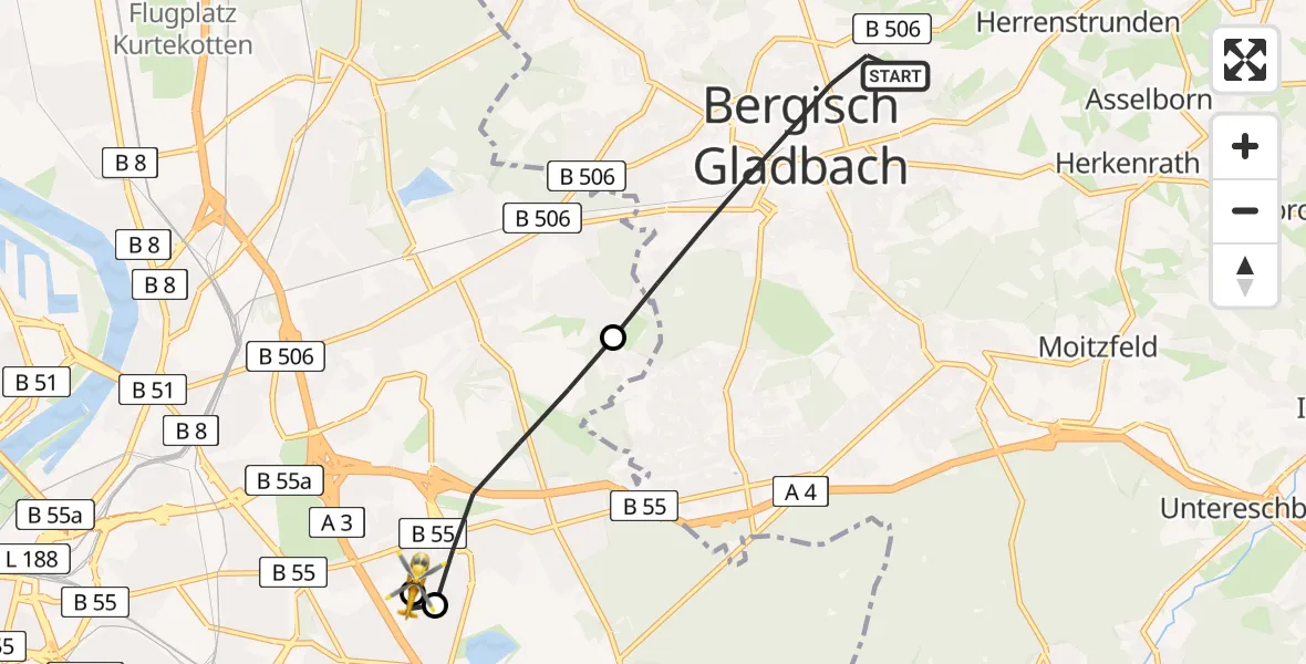 Flugroute Rettungshubschrauber Bergisch Gladbach - Merheim Hospital, 01 August 2026, 15:35
