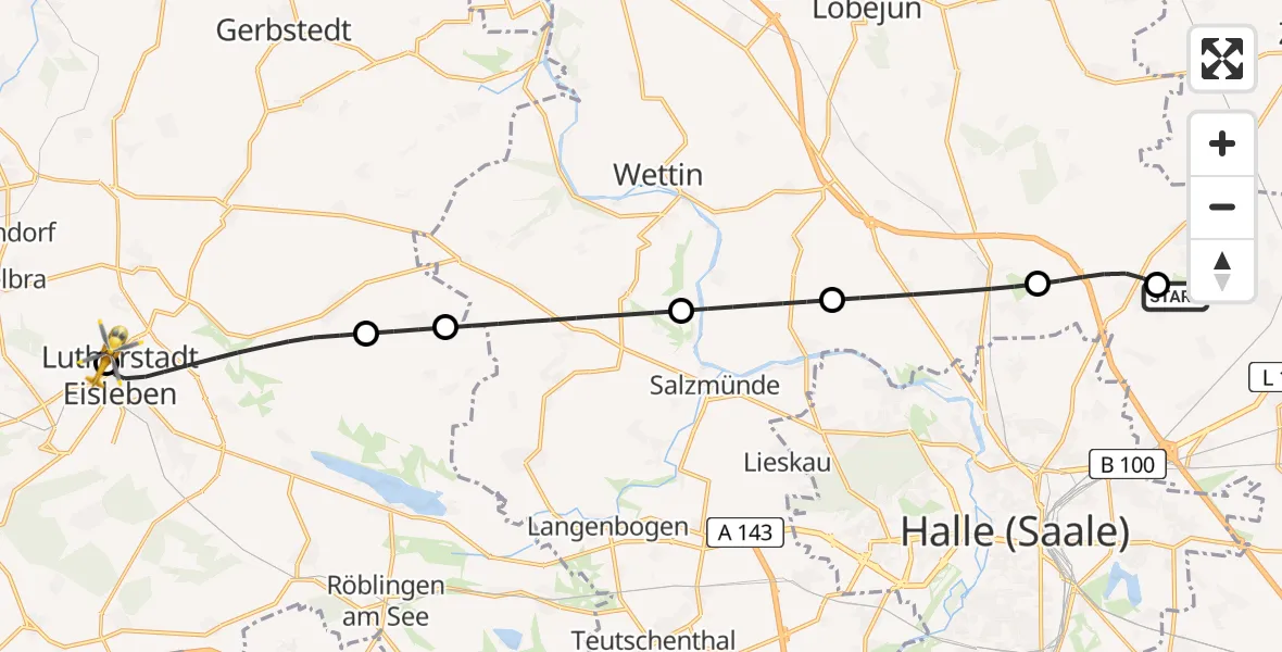 Flugroute Rettungshubschrauber Halle-Oppin Flugplatz - Helios Hospital Lutherstadt Eisleben, 01 August 2026, 15:54