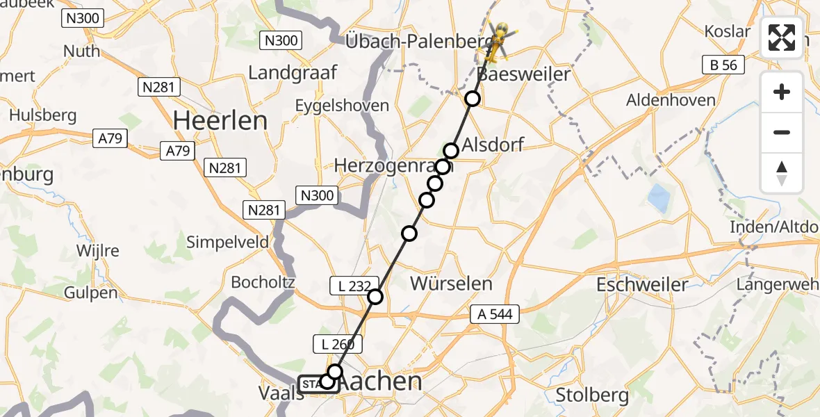 Flugroute Rettungshubschrauber Aachen Hospital - Baesweiler, 01 August 2026, 15:55