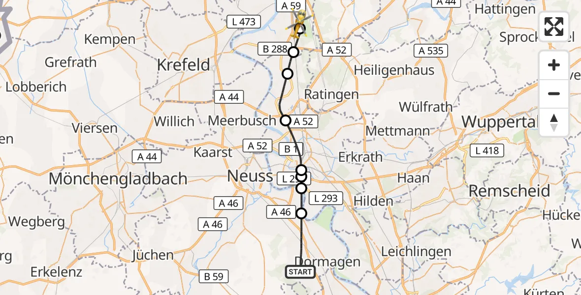 Flugroute Rettungshubschrauber Dormagen - Duisburg Air Rescue Hubschrauberlandeplatz (Christoph 9), 01 August 2026, 15:57
